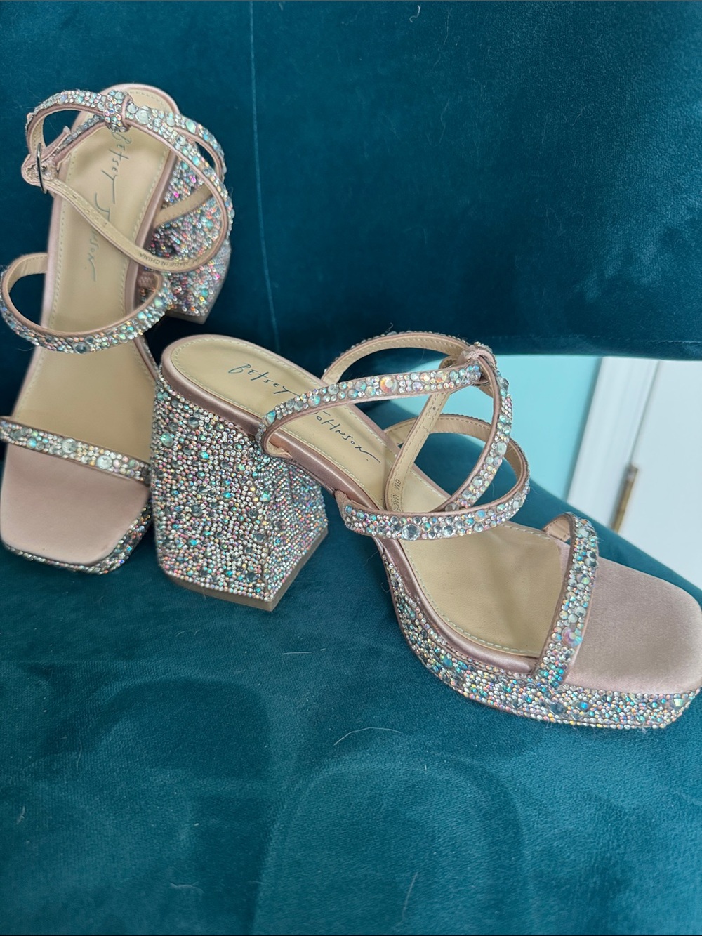 Betsey Johnson Pink Crystal Platform Block Heel Sandals